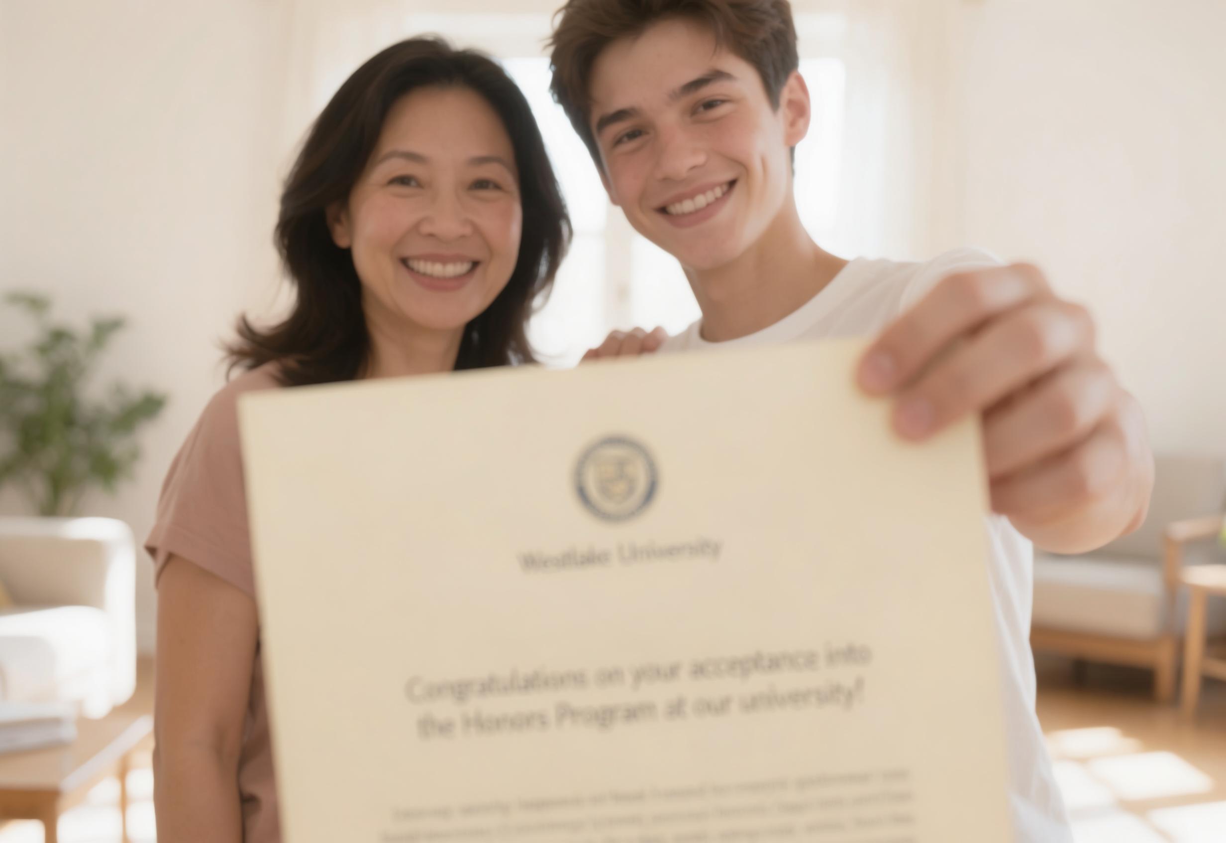 A student and parent celebrating a college acceptance letter