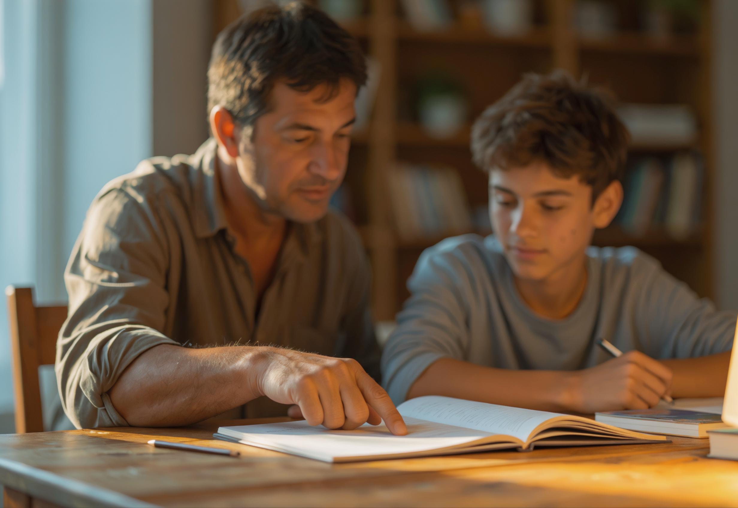 A parent working closely with their child on schoolwork at home