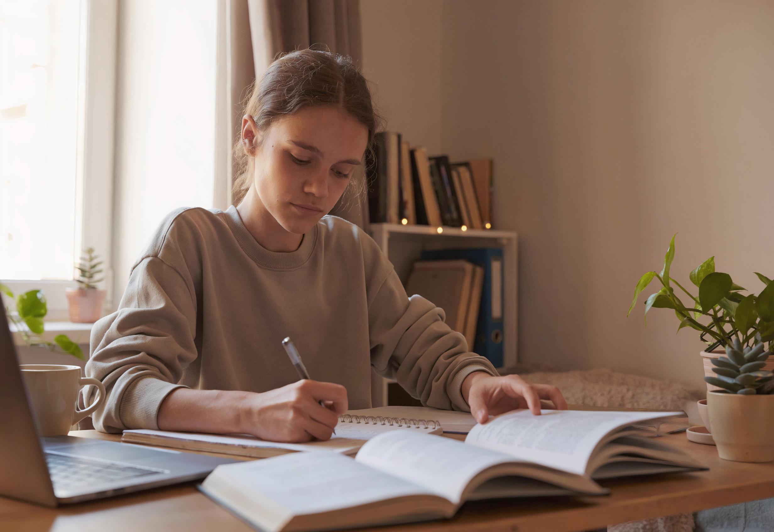 A student studying at a desk by a window at home